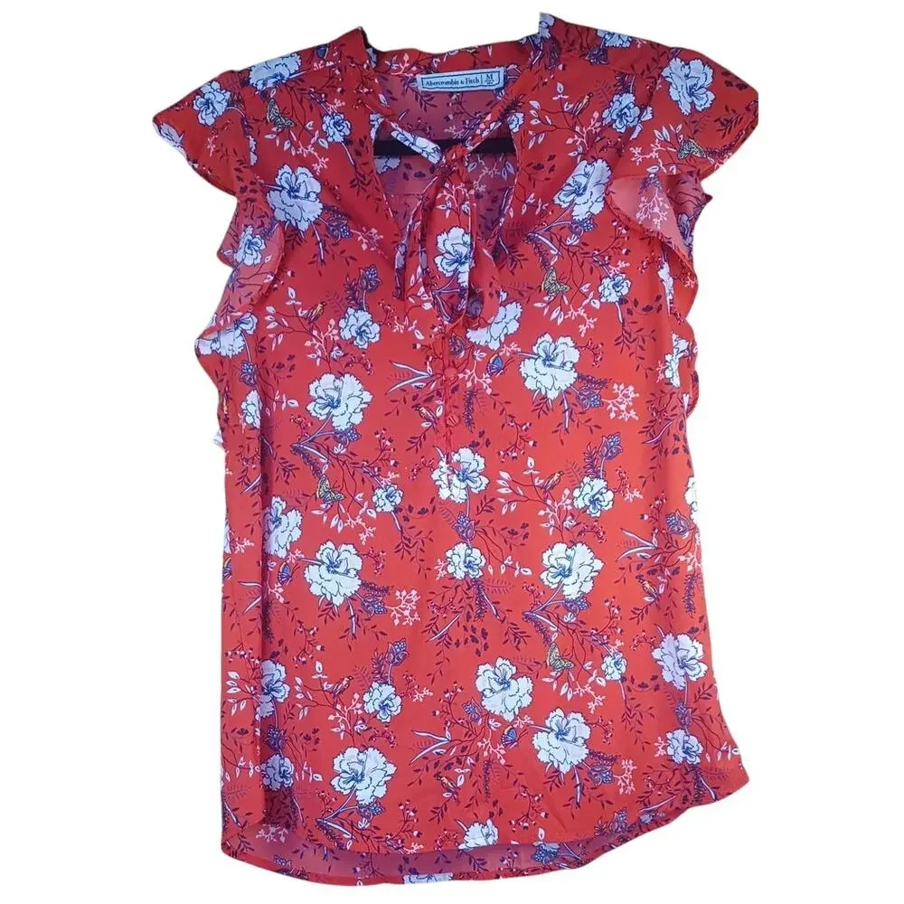 Abercrombie & Fitch Red Floral Tie Neck Blouse Medium Office Flutter Sleeve Top